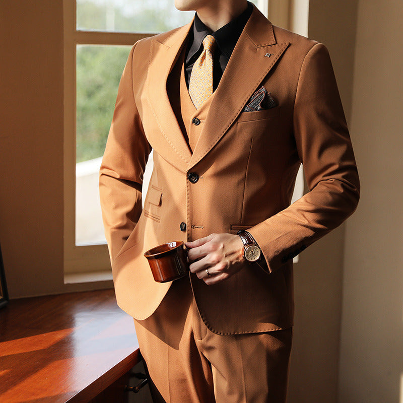 High-end Wedding Bridegroom Suit Suit Closure Collar Suit Three-piece Suit Men Caramel