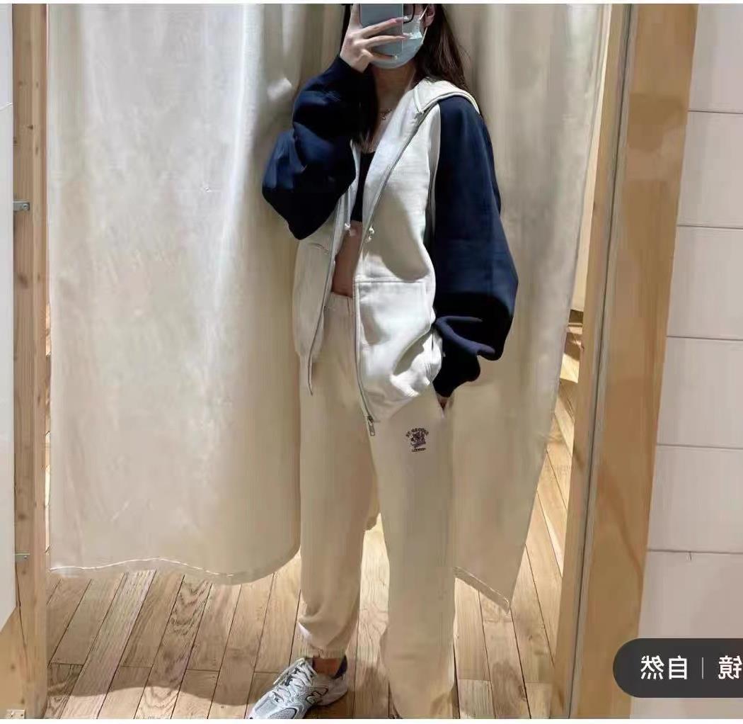 BM Style Dark Blue Mixed Beige Raglan Sleeve Multicolor Hoodie Coat For Women Lazy And Loose Hooded Zip Cardigan