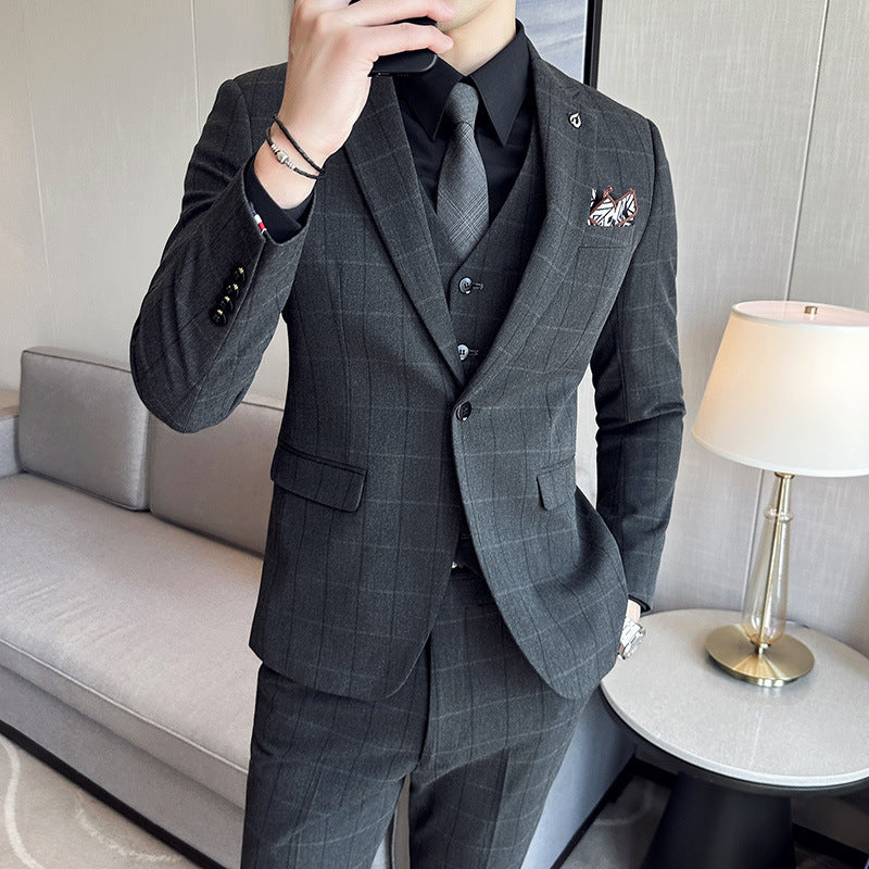 Boy's Yarn-dyed Fabric Suit Set Three-piece Set Groom Groomsman Dress