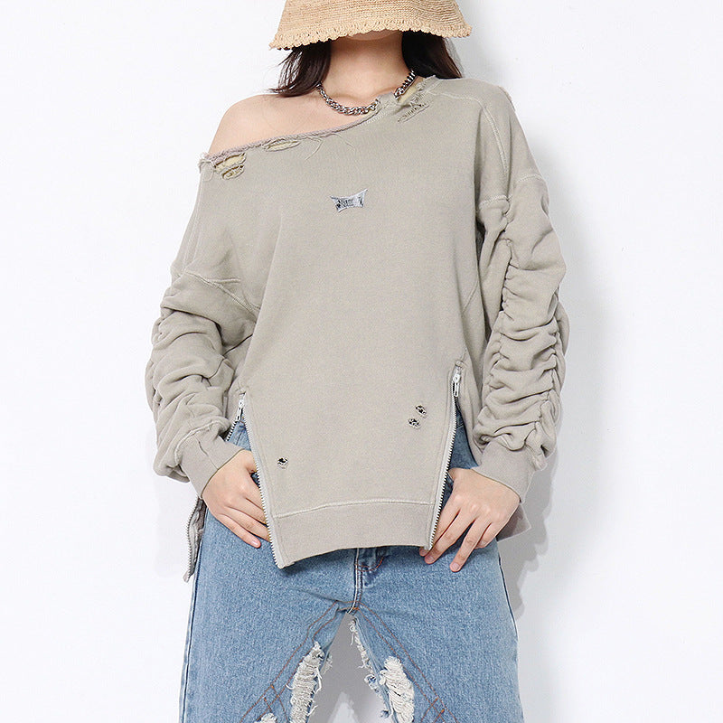 Slanted Shoulder Halter Neck Gray Ripped Small Slit Short Sweater